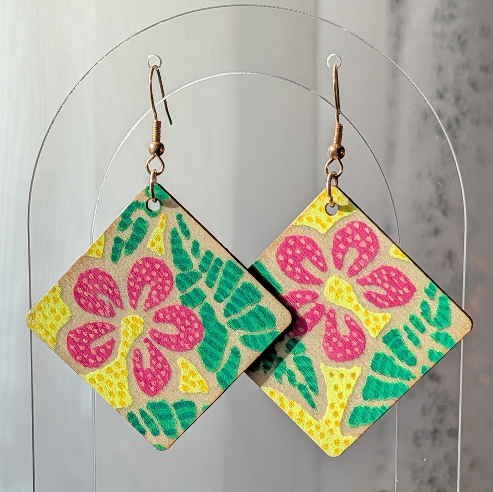 Hand Painted Tropical Floral Earrings, Acrylic Paint on Wood